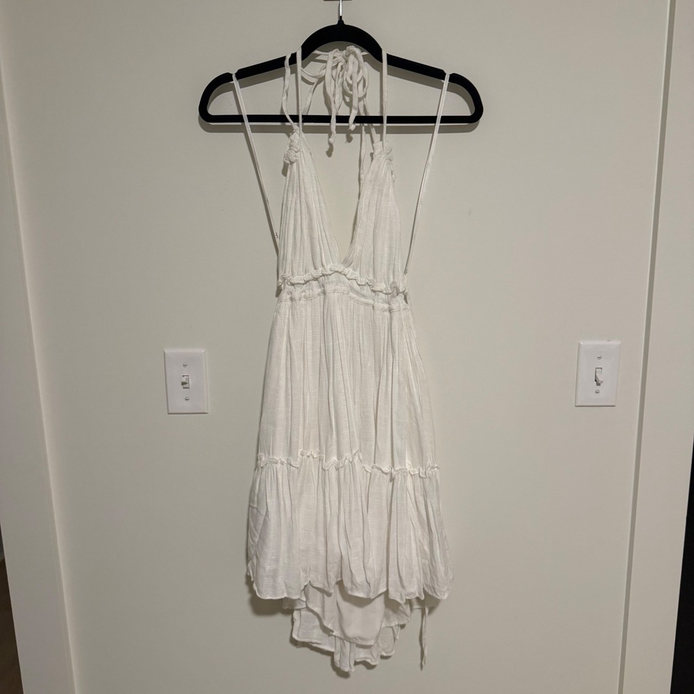 Lulus White Halter V-Neck Tiered Ruffle High-Low Mini Dress Small